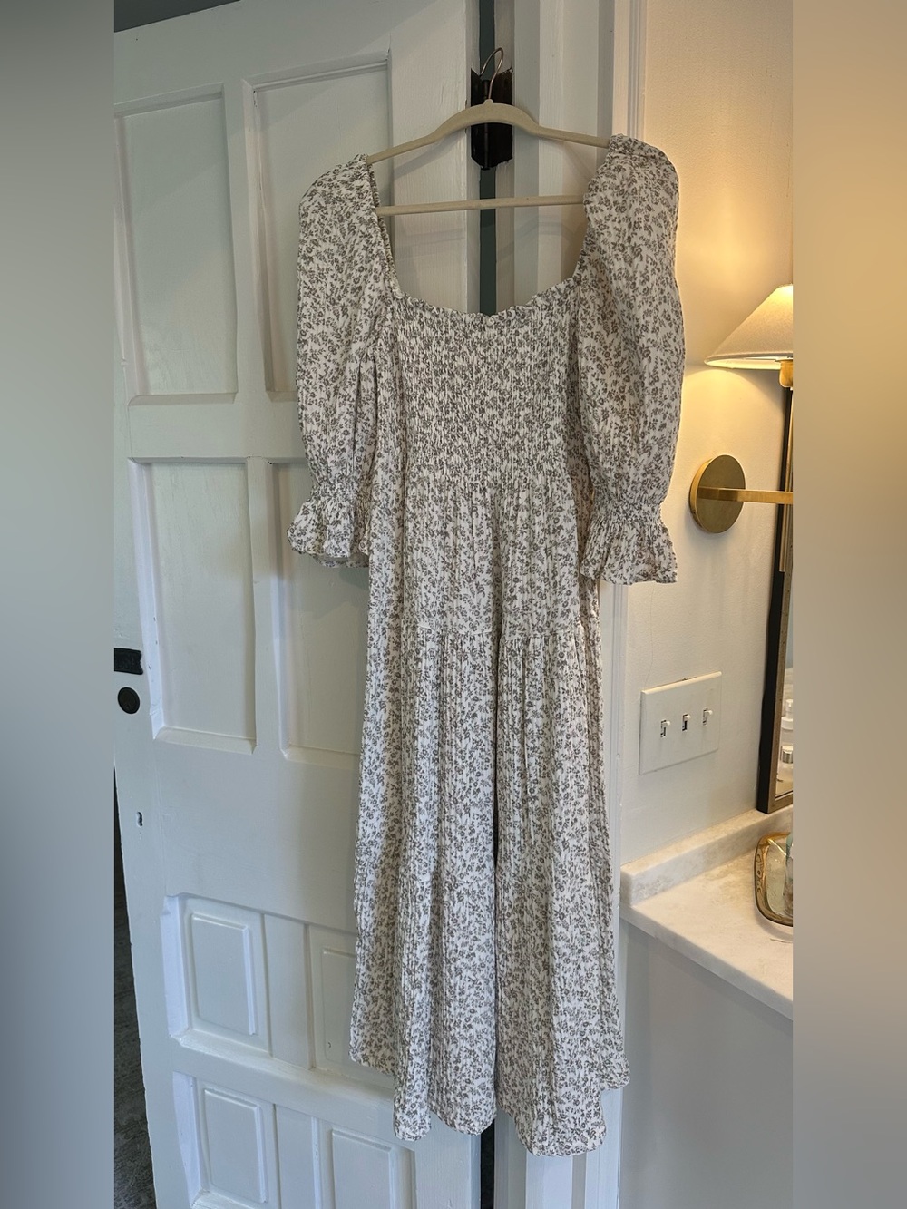 Floral Smocked Maxi Dress - Cream with Taupe Print